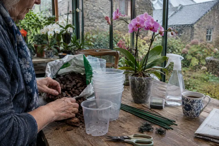 Sur une table de véranda, des mains trient pots transparents, écorce de pin, ciseaux fins, tuteurs et hygromètre à côté d’un Phalaenopsis rose