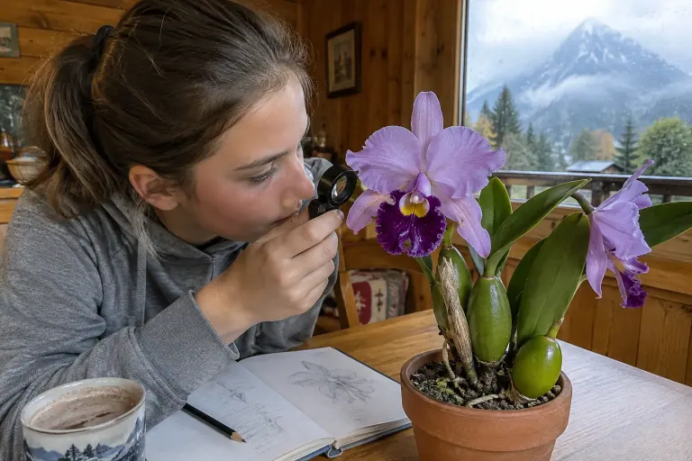 Une adolescente observe à la loupe le labelle et la colonne d’une orchidée Cattleya mauve aux pseudobulbes bien visibles, dans un chalet de montagne