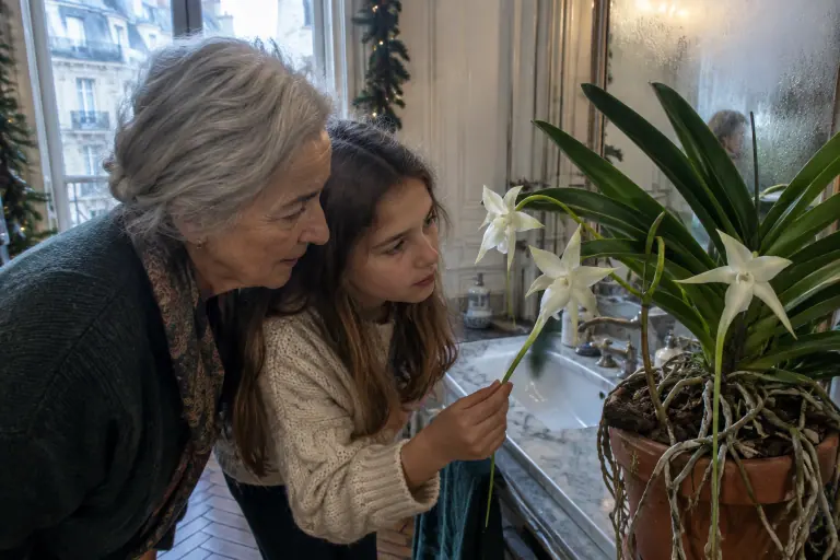 Dans une salle de bain haussmannienne à Noël, une grand-mère et sa petite-fille observent le très long éperon d’une fleur blanche d’Angraecum sesquipedale