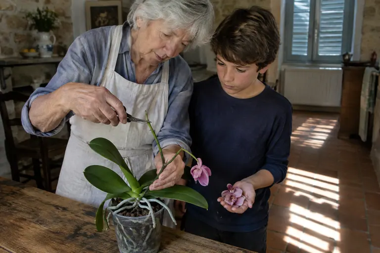 Une grand-mère coupe au-dessus d’un nœud la tige verte d’une orchidée phalaenopsis défleurie, sous le regard de son petit-fils, dans une cuisine provençale