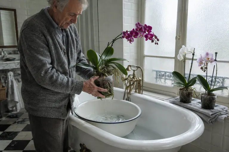 Un homme âgé sort d’une bassine d’eau le pot transparent d’une orchidée Phalaenopsis magenta, posée dans la baignoire d’une salle de bain ancienne