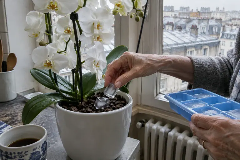 Les mains d’une femme âgée posent un glaçon sur l’écorce d’une orchidée Phalaenopsis blanche, sur le rebord d’une fenêtre de cuisine parisienne