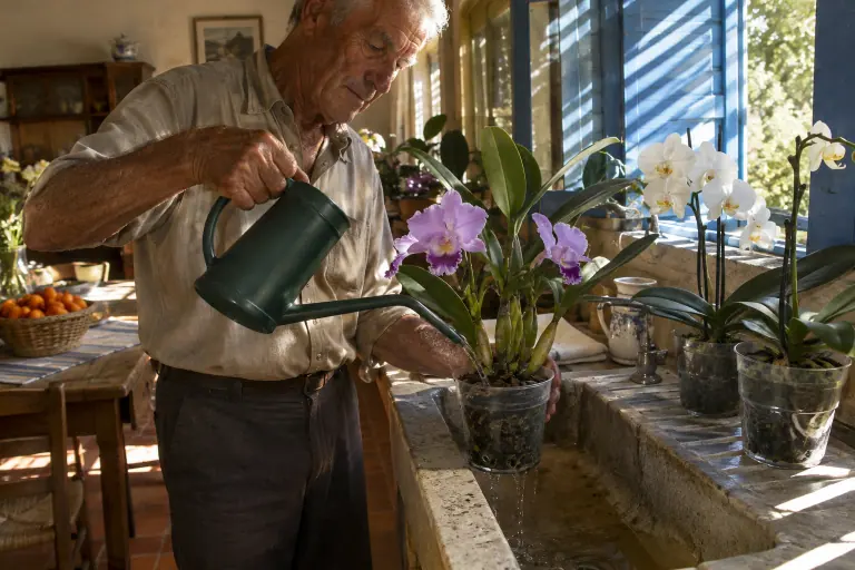 Dans la cuisine d’un mas provençal, un homme âgé verse l’eau d’un arrosoir à bec fin sur l’écorce d’un Cattleya mauve, au-dessus d’un évier en pierre