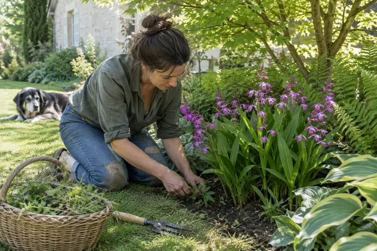 Dans un jardin d’Anjou, une jardinière agenouillée désherbe au pied d’une grosse touffe de Bletilla striata aux fleurs rose magenta, entre hostas et fougères