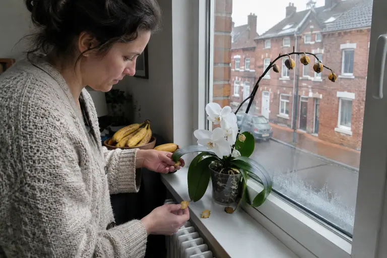 Une femme ramasse deux boutons jaunis tombés sur le rebord d’une fenêtre, au-dessus d’un radiateur, à côté d’un phalaenopsis blanc