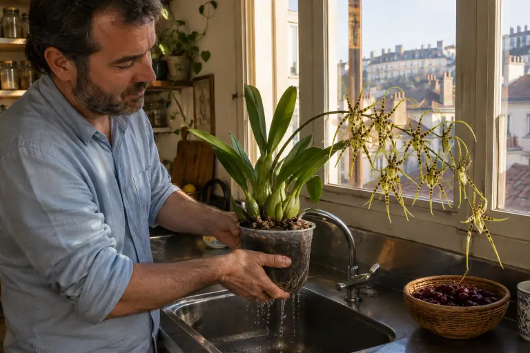 Dans une cuisine lyonnaise, un homme sort de l’évier une Brassia en fleurs, aux longs sépales vert jaune tachetés de brun
