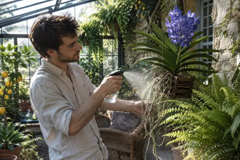 Un jeune homme vaporise les longues racines nues d’une orchidée Vanda suspendue dans un panier en bois, dans un jardin d’hiver au soleil du matin