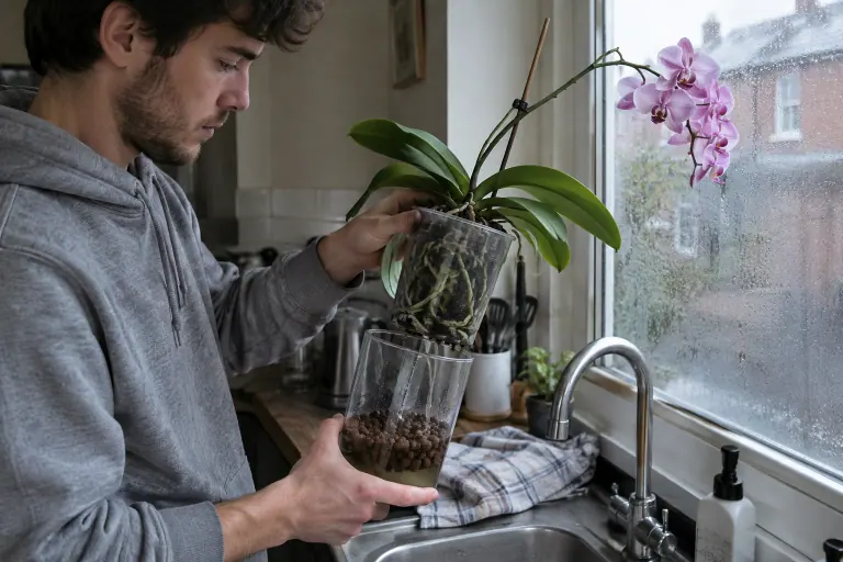 Un jeune homme sort le pot transparent d’un Phalaenopsis rose de son cache-pot en verre, au fond duquel stagne de l’eau sur des billes d’argile