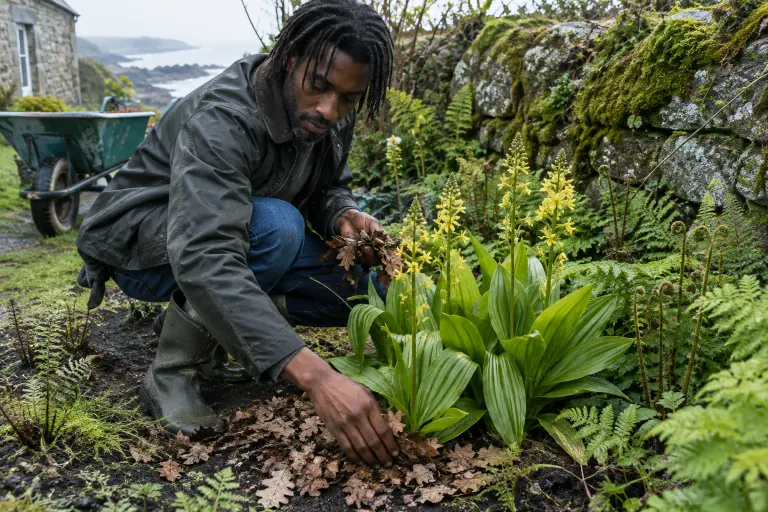 Un jardinier étale un paillis de feuilles mortes au pied de Calanthe à fleurs jaunes, entre fougères et muret de granit, dans un jardin breton
