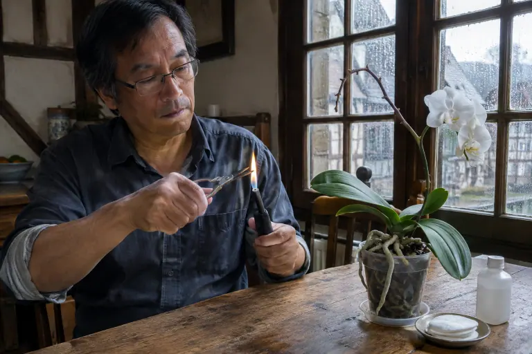 Un homme passe à la flamme la lame de petits ciseaux en inox avant de couper la hampe sèche d’un phalaenopsis blanc, dans une cuisine normande