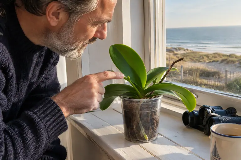 Un homme montre du doigt une jeune hampe florale qui pointe entre les feuilles d’un phalaenopsis sans fleurs, posé sur une fenêtre face à la mer