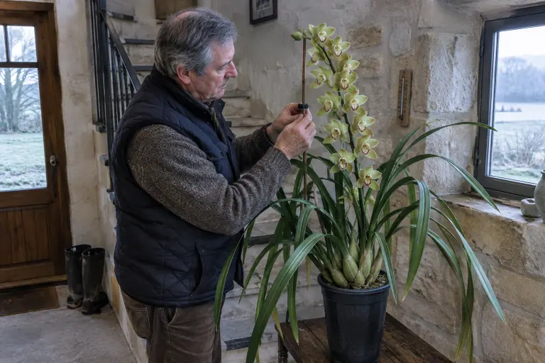 Dans la cage d’escalier fraîche d’une ferme du Périgord, un homme tuteure la longue hampe d’un cymbidium à fleurs vert pâle au labelle tacheté de bordeaux