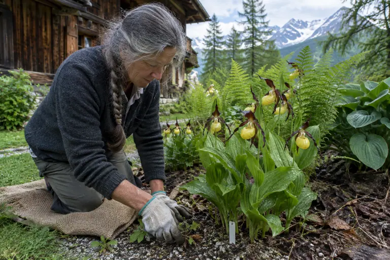 Une jardinière agenouillée désherbe au pied d’une touffe de Cypripedium à sabot jaune, dans un massif ombragé près d’un chalet savoyard