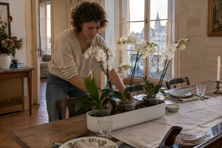 Dans un appartement bordelais, une femme dispose trois phalaenopsis blancs dans une longue jardinière en céramique au centre d’une table dressée