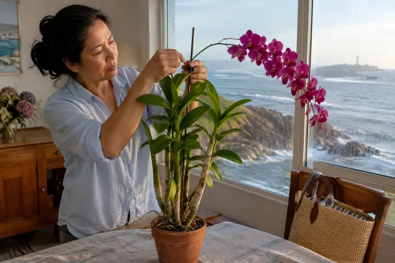 Dans une maison face à l’océan à Biarritz, une femme fixe à un tuteur la grappe de fleurs magenta d’un Dendrobium type phalaenopsis