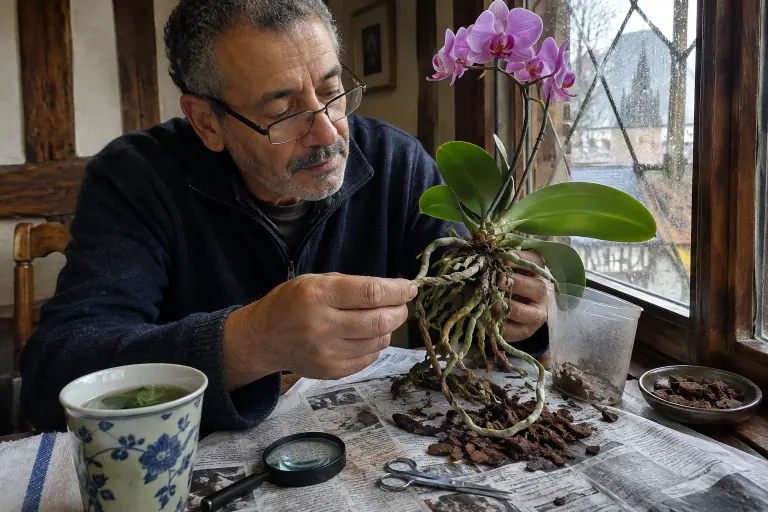 Un homme pince une racine d’un Phalaenopsis rose sorti de son pot sur un journal, la plupart des racines vertes, quelques-unes brunes et creuses