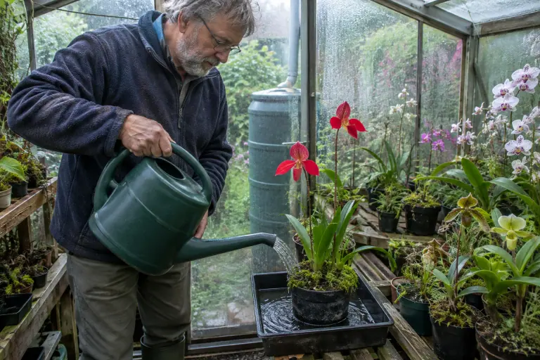 Dans une petite serre normande, un homme verse de l’eau de pluie dans la soucoupe d’une Disa uniflora aux grandes fleurs rouge écarlate