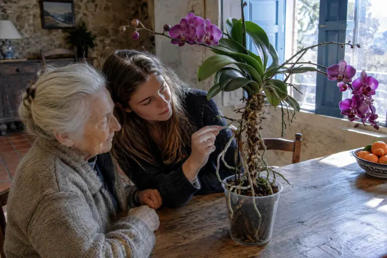 Une grand-mère et sa petite-fille observent un vieux phalaenopsis fuchsia à la tige couverte de racines aériennes, sur la table d’un mas provençal