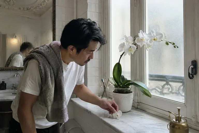 Un homme ramasse une fleur fanée tombée sur le rebord de fenêtre d’une salle de bain, près d’un phalaenopsis blanc encore fleuri avec deux boutons