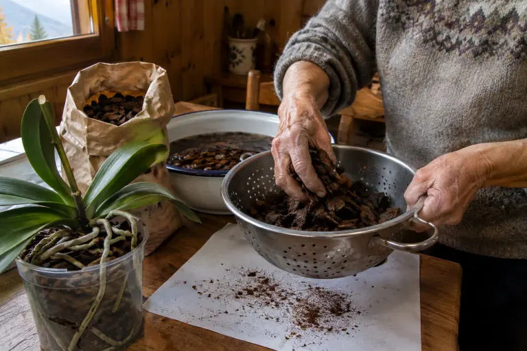Dans un chalet savoyard, une femme âgée tamise une poignée d’écorce de pin calibrée au-dessus d’une feuille blanche avant de la faire tremper