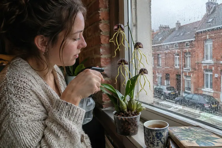 Sur un rebord de fenêtre à Lille, une jeune femme brumise une orchidée pieuvre aux fleurs à l’envers, labelle pourpre en haut et pétales verts pendants