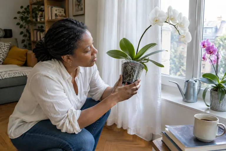 Une femme soulève le pot transparent d’une orchidée Phalaenopsis blanche en fleur pour regarder ses racines argentées, devant une fenêtre voilée