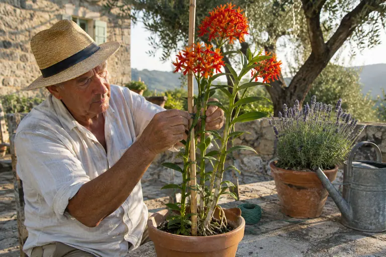 Sur la terrasse d’un mas provençal, un homme âgé attache à un tuteur en bambou les hautes tiges d’un Epidendrum radicans couvert de fleurs orange vif