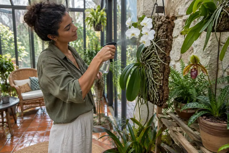 Une femme vaporise un phalaenopsis monté sur une plaque de liège, racines plaquées sur l’écorce, à côté d’un sabot de Vénus en pot, dans un jardin d’hiver