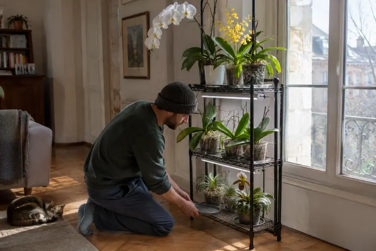 Un homme glisse une soucoupe sur une étagère métal à grilles près d’une fenêtre, garnie de phalaenopsis, d’un oncidium jaune et de réglettes LED