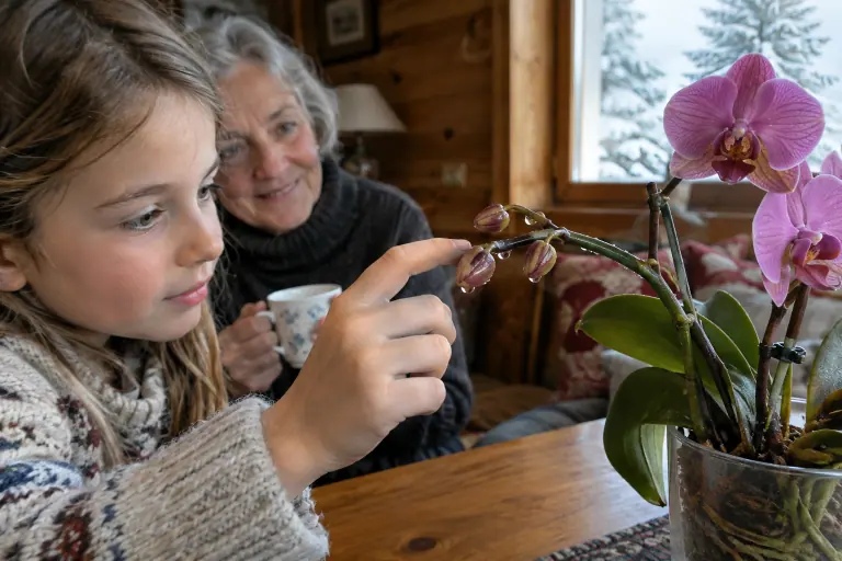 Une fillette touche du doigt les gouttelettes brillantes et collantes déposées sur les boutons d’un phalaenopsis rose, dans un chalet savoyard