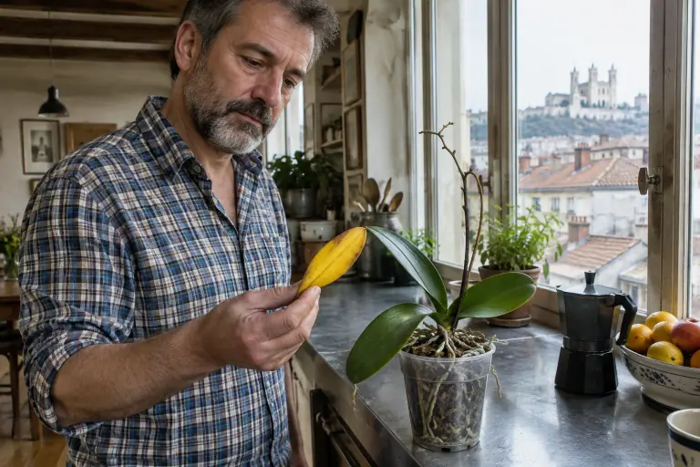 Dans une cuisine lyonnaise, un homme barbu tient une feuille jaune qui vient de se détacher de son phalaenopsis posé sur le plan de travail
