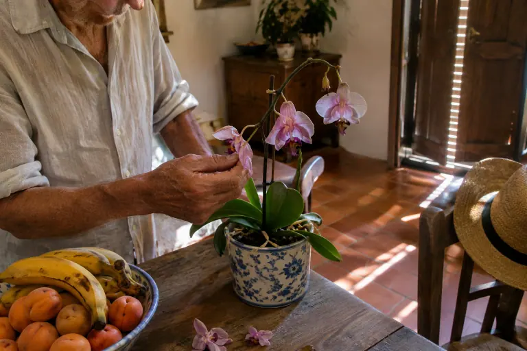 Un homme âgé soulève une fleur fanée et translucide d’un phalaenopsis rose posé à côté d’une corbeille de fruits mûrs, dans une cuisine provençale