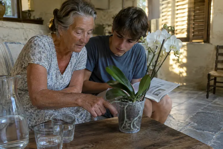 Une grand-mère montre à son petit-fils les racines d’un Phalaenopsis blanc à travers le pot transparent, dans un mas provençal