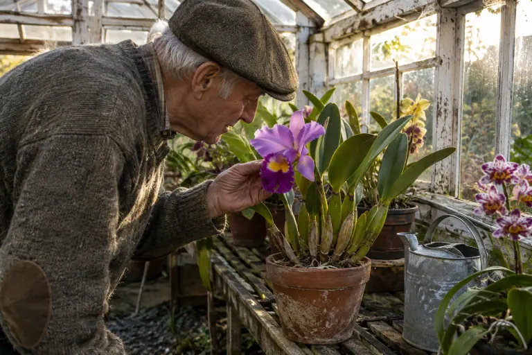 Dans une vieille serre d’amateur en Touraine, un homme âgé observe la grande fleur mauve au labelle frisé d’un Cattleya en pot de terre