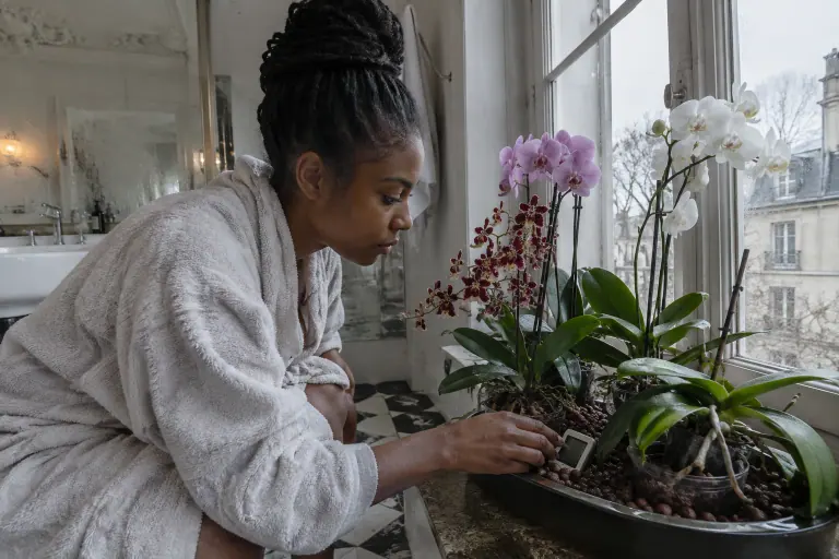 Une femme lit un hygromètre posé entre trois orchidées regroupées sur un plateau de billes d’argile, près de la fenêtre d’une salle de bain ancienne