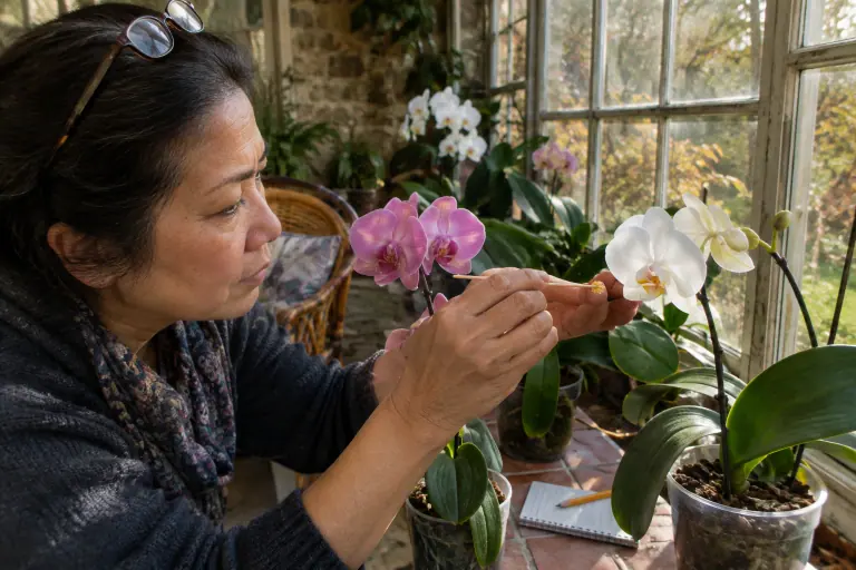 Dans un jardin d’hiver angevin, une femme dépose à l’aide d’un cure-dent les pollinies d’un phalaenopsis rose sur une fleur blanche