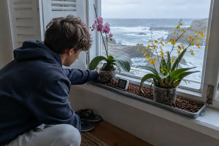 Dans une maison de la côte basque, un adolescent pose un petit thermomètre hygromètre digital entre deux orchidées, à hauteur des feuilles