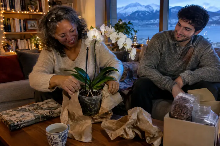 Une femme rit en déballant un Phalaenopsis blanc enveloppé de papier kraft, offert par son fils un soir de Noël, à côté d’un livre et d’un petit kit