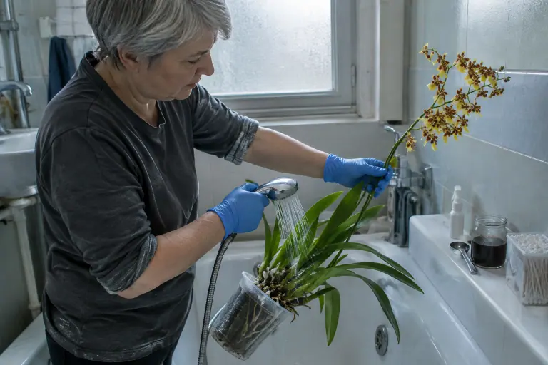 Une femme gantée rince sous la douche les feuilles d’un oncidium jaune après un lavage au savon noir, quelques cochenilles encore visibles au pied