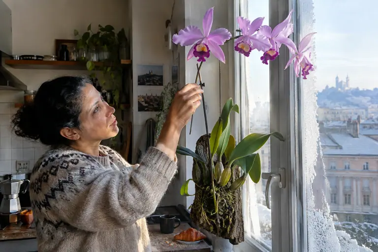 Dans une cuisine lyonnaise un matin de décembre, une femme maintient la très longue hampe d’une Laelia anceps aux grandes fleurs rose lilas