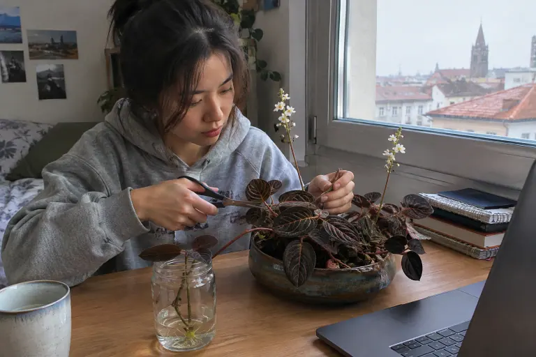 Dans un studio étudiant, une jeune femme coupe une bouture de Ludisia discolor aux feuilles bordeaux veinées de rose, en fleurs blanches