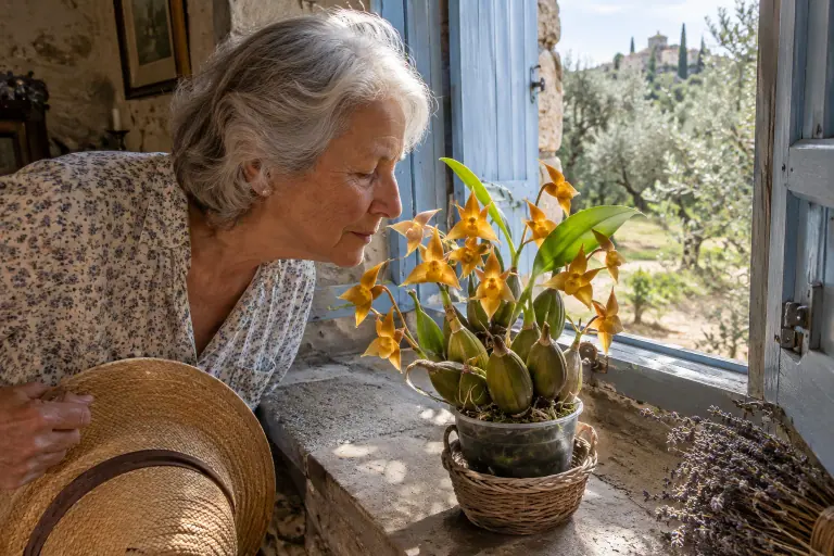 Sur le rebord en pierre d’un mas provençal, une femme âgée respire les fleurs jaune orangé d’une Lycaste aromatica au printemps