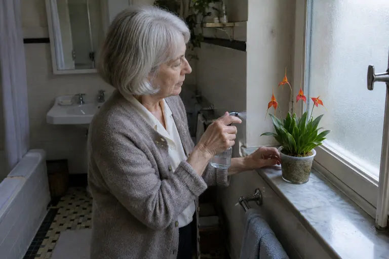 Dans la salle de bain d’un appartement grenoblois, une femme brumise l’air autour d’une petite Masdevallia à fleurs triangulaires orange vif