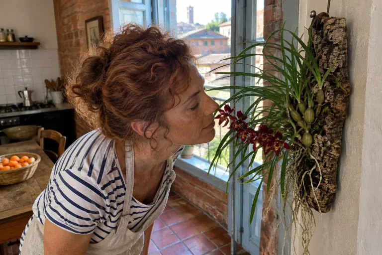 Dans une cuisine toulousaine, une femme respire le parfum d’une Maxillaria tenuifolia montée sur liège, aux petites fleurs rouge sombre