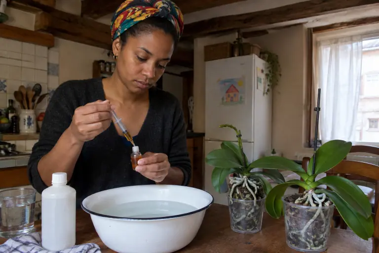 Une femme prélève quelques millilitres d’engrais liquide à la seringue au-dessus d’une bassine d’eau, près de deux Phalaenopsis en pot transparent