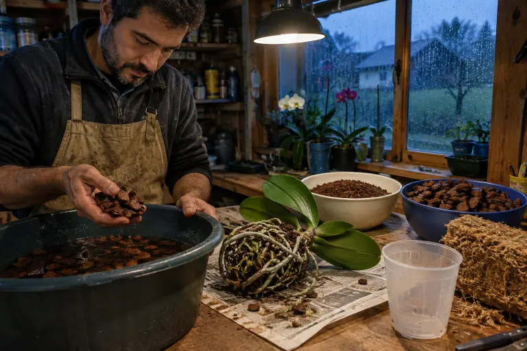Un homme tient une poignée d’écorce de pin calibrée au-dessus d’une bassine, près d’un Phalaenopsis dépoté et de bols d’écorce fine et grosse