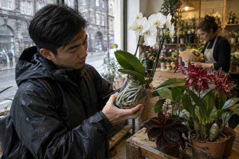Chez un fleuriste, un jeune homme incline le pot transparent d’un Phalaenopsis blanc pour vérifier ses racines, à côté d’un Cambria et d’un Ludisia