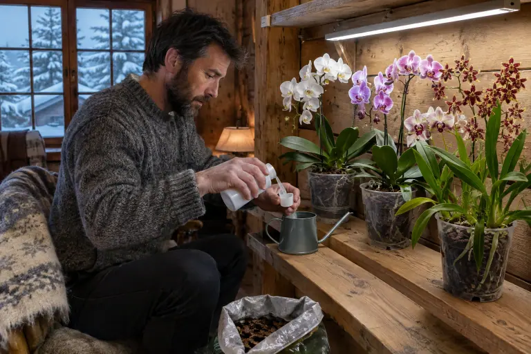 Dans un chalet enneigé, un homme dose un engrais liquide dans un petit arrosoir près d’orchidées éclairées par une barre LED horticole