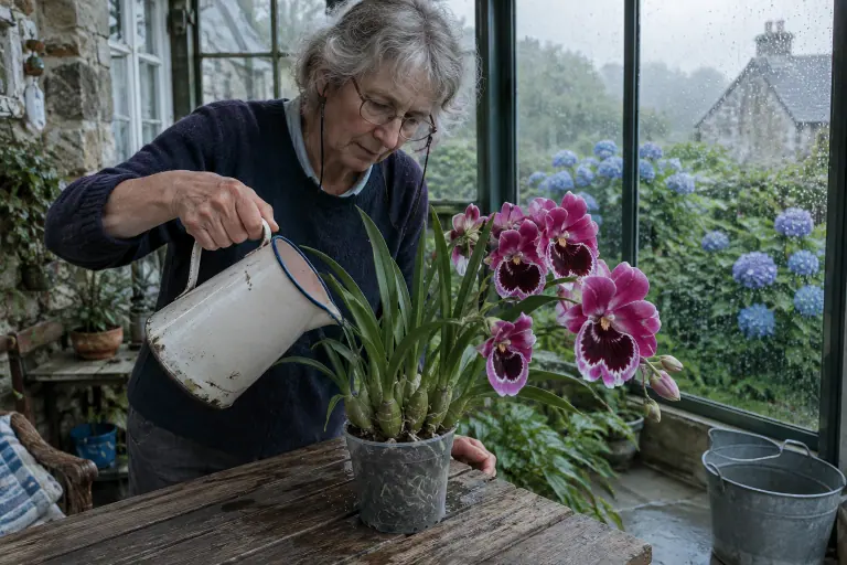 Sous une véranda bretonne après la pluie, une femme âgée arrose à l’eau de pluie un Miltoniopsis aux fleurs plates roses marquées d’un masque