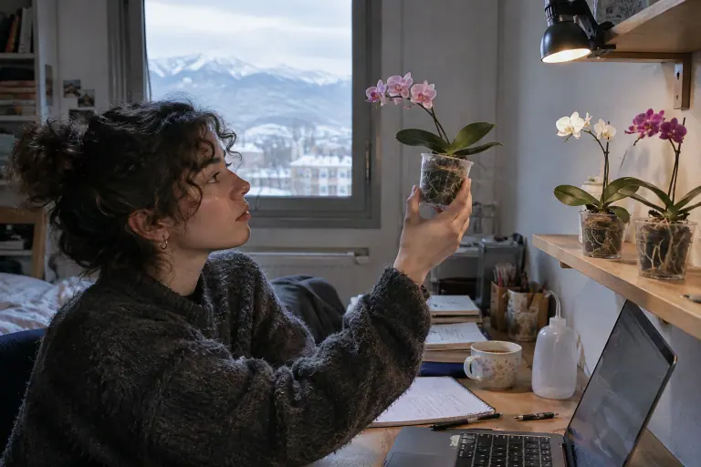 Dans un studio étudiant à Grenoble, une jeune femme soupèse une mini phalaenopsis rose en pot transparent de 6 cm pour savoir s’il faut arroser